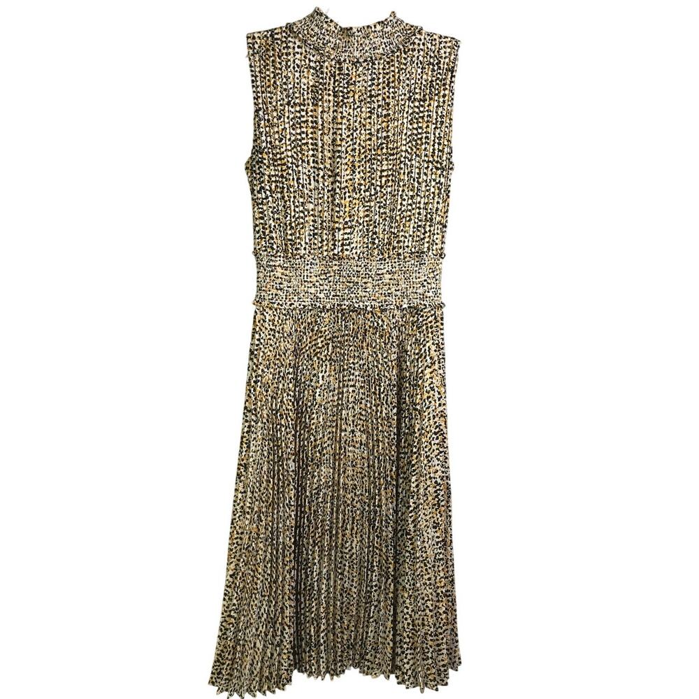 Nanette Lepore Dress Womens Sz 6 Yellow Sleeveless‎ Pleated Animal Print Classic